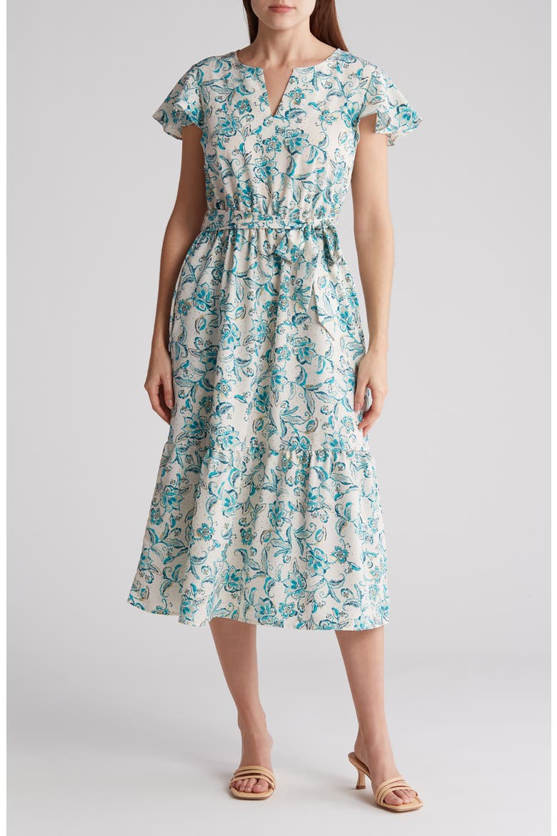 Flutter Sleeve Flounce Waist Tie Dress, Main, color, SAND FLORAL