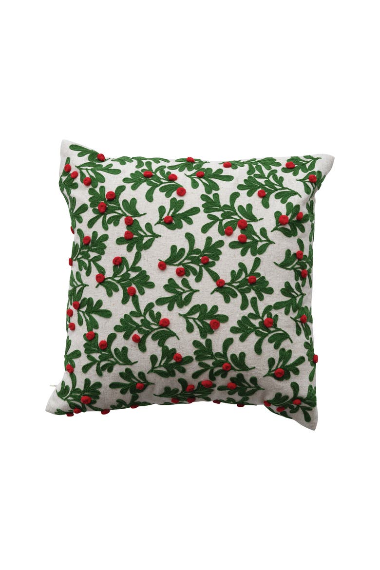 Square Cotton and Linen Pillow with Embroidered Mistletoe Pattern and Pom Poms, Natural, Green, and Red, Main, color, Green