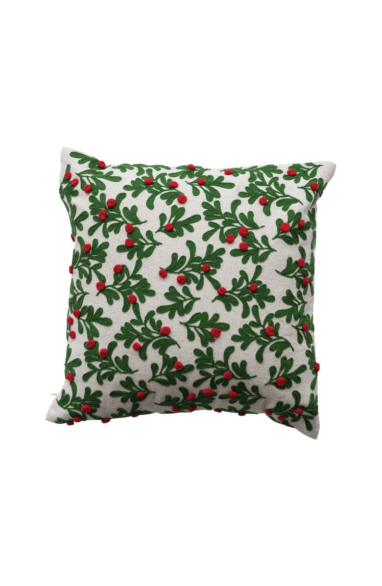 Storied Home Square Cotton and Linen Pillow with Embroidered Mistletoe Pattern and Pom Poms, Natural, Green, and Red, Main, color, 