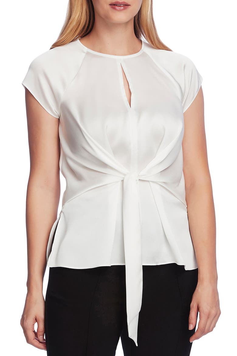 Tie Front Satin Charmeuse Keyhole Blouse, Main, color, NEW IVORY