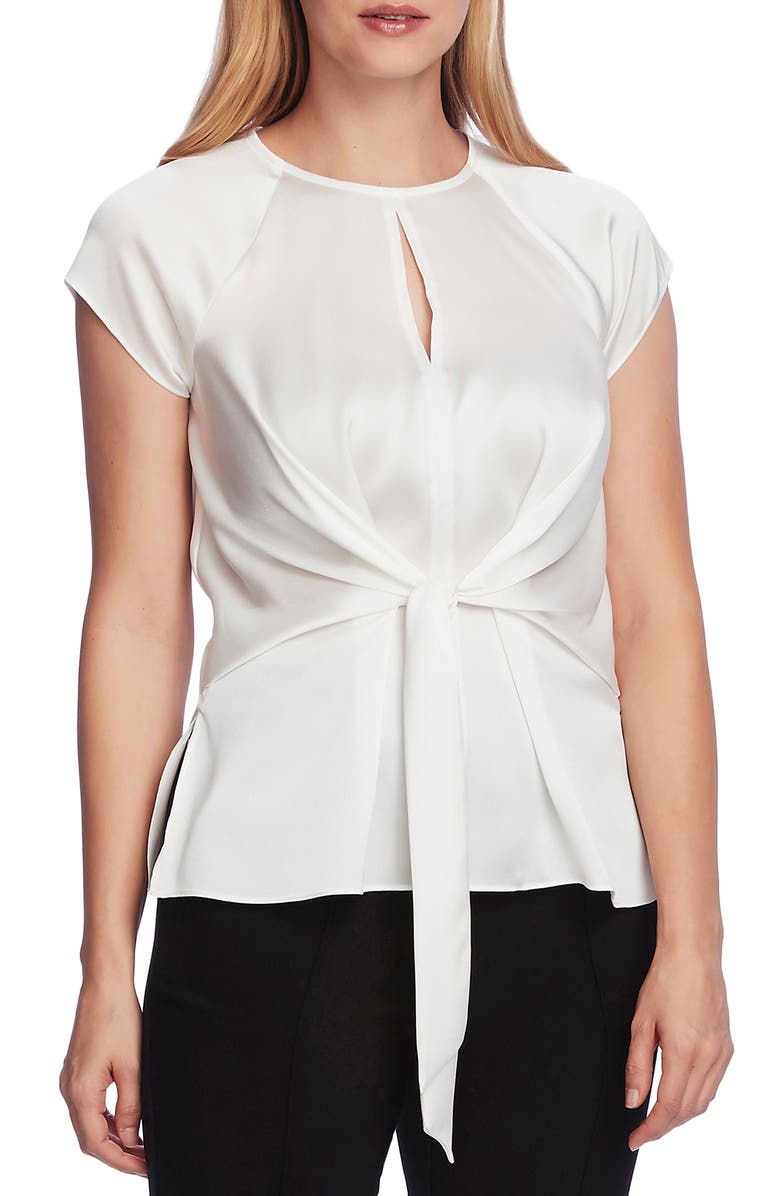 Vince Camuto Tie Front Satin Charmeuse Keyhole Blouse, Main, color, 