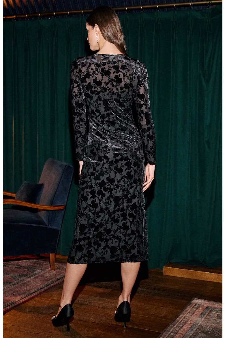 Burnout Floral Velvet Midi Dress, Alternate, color, Black