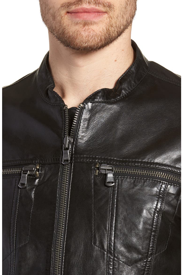 Band Collar Leather Jacket, Alternate, color, BLACK