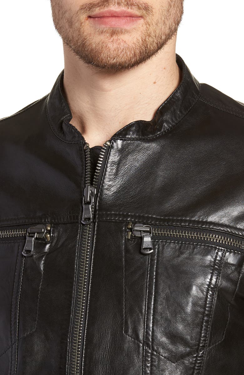 John Varvatos Band Collar Leather Jacket, Alternate, color, Black