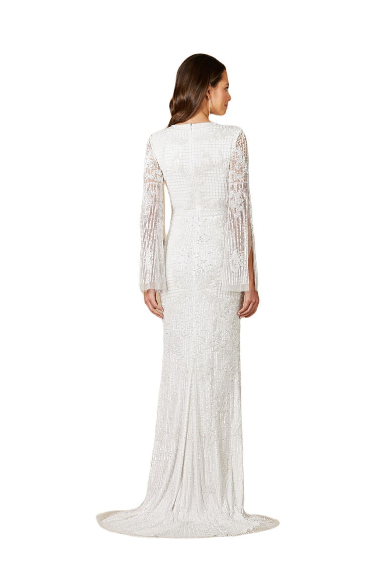 Fallon Long Sleeve Beaded Wedding Gown, Alternate, color, Ivory