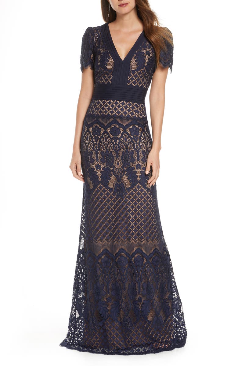 Tadashi Shoji Embroidered Lace Evening Gown, Main, color, 