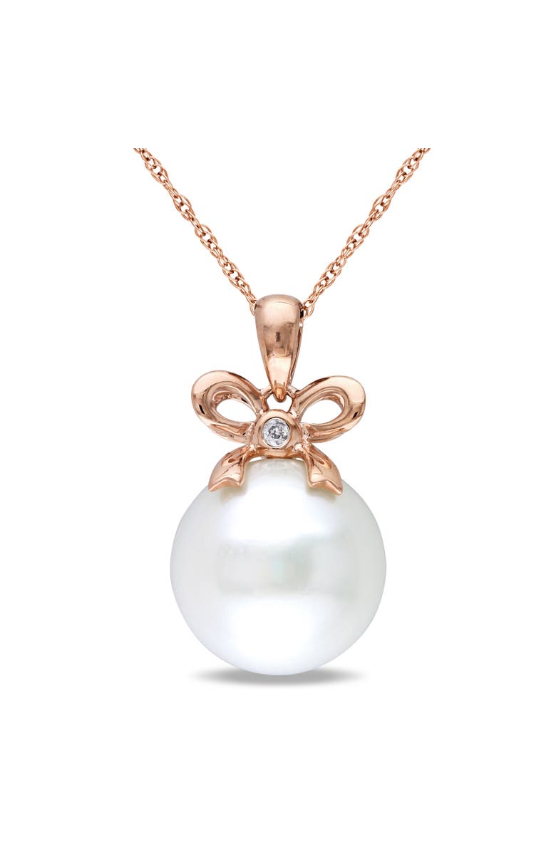 Julianna B. Cultured Pearl & Diamond Bow Drop Necklace 10k, Main, color, Pearl
