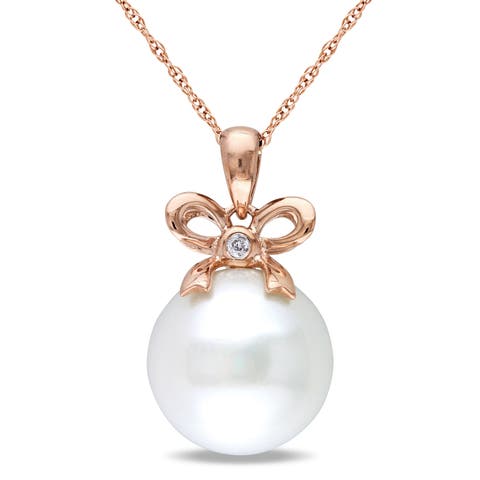 Cultured Pearl & Diamond Bow Drop Necklace 10k
