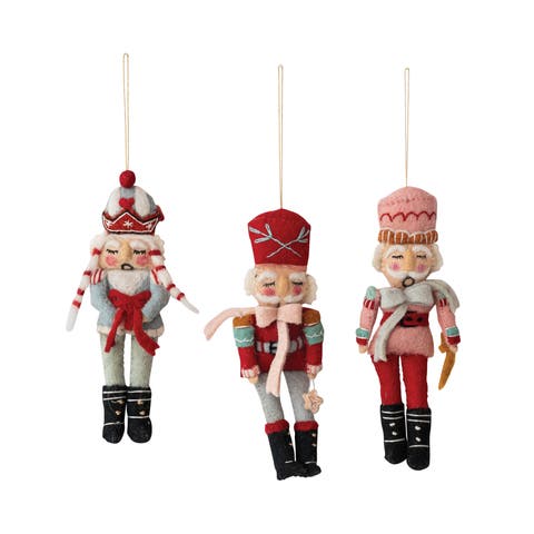 Artisan Wool Felt Nutcracker Ornament with Metallic Detailing,  Set of 3