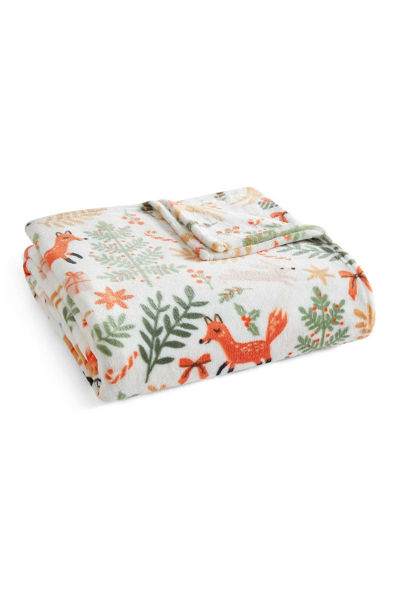 Holiday Woodland Plush Throw Blanket, Main, color, WHITE/ LIGHT BLUE