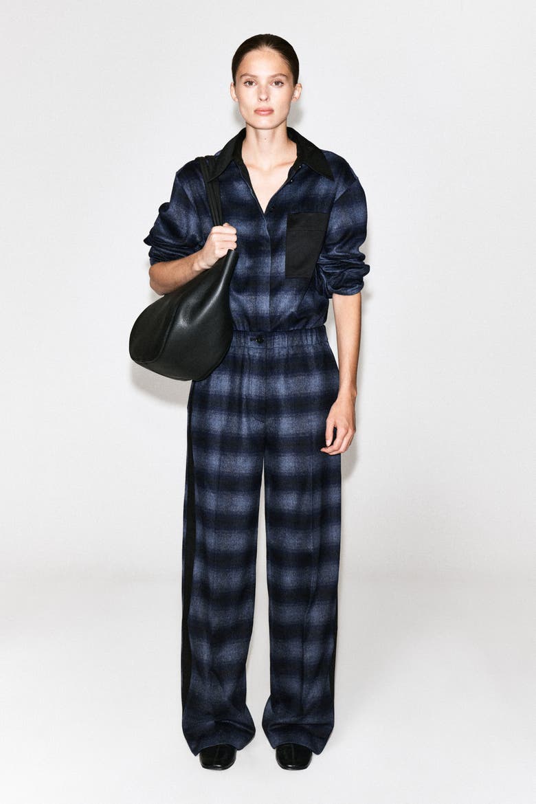 Satin-detail Checked Wool-blend Shirt, Alternate, color, BLUE / CHECKED