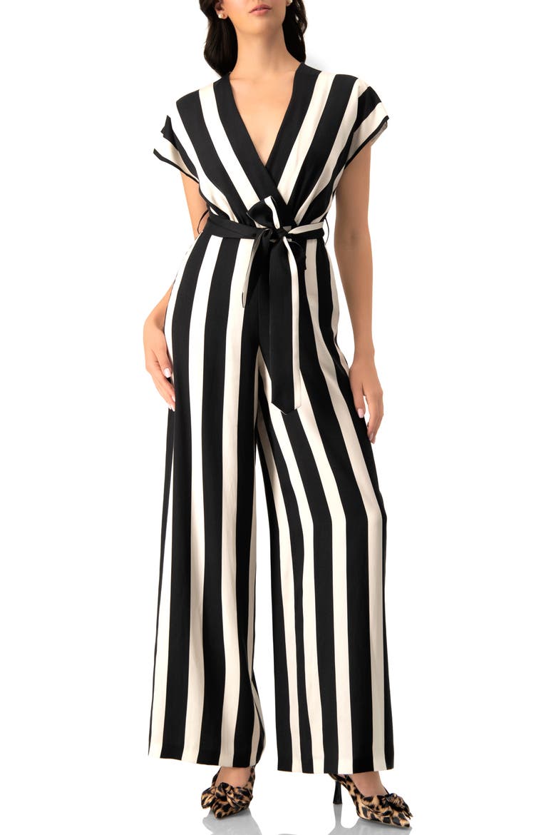 Striped V-Neck Jumpsuit with Waist Tie, Main, color, Black