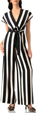 IVONNE Striped V-Neck Jumpsuit with Waist Tie