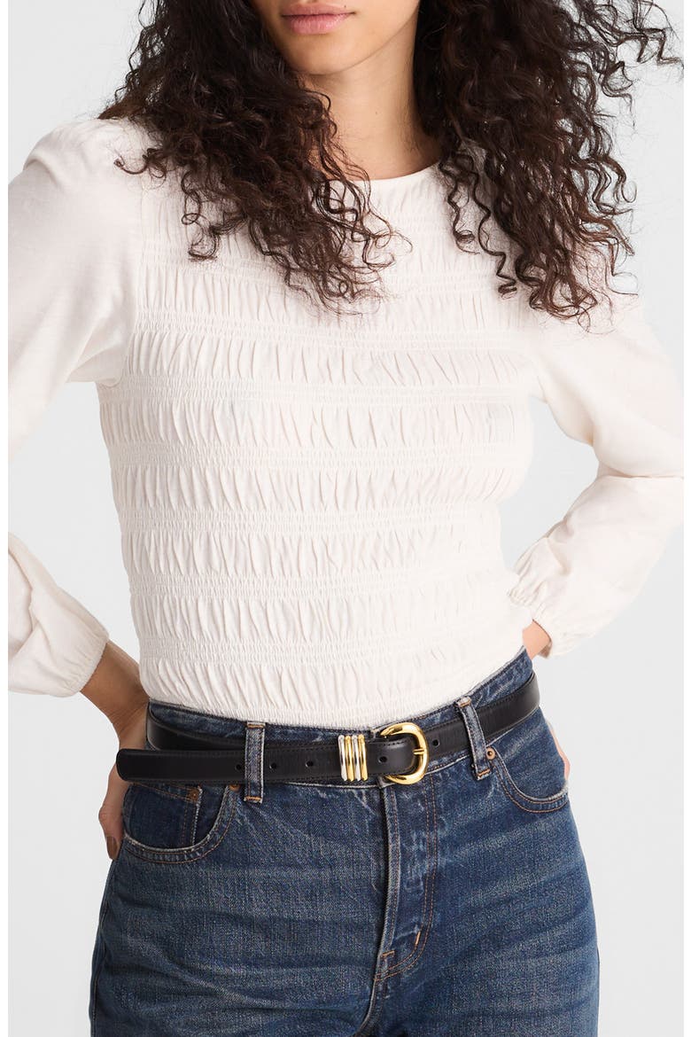 Smocked Boat Neck Long Sleeve Cotton Top, Main, color, VINTAGE IVORY