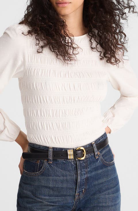 Smocked Boat Neck Long Sleeve Cotton Top