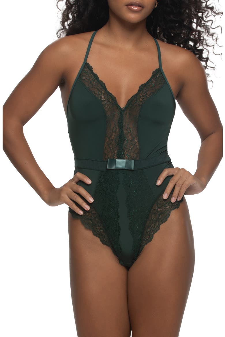 Henny Satin & Lace Thong Bodysuit, Main, color, SCARAB