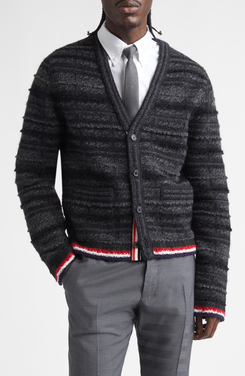 Thom Browne Tartan Check Inlay Jacquard Cardigan, Main, color, Black
