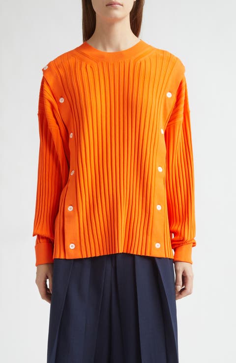 Button Detail Rib Crewneck Sweater