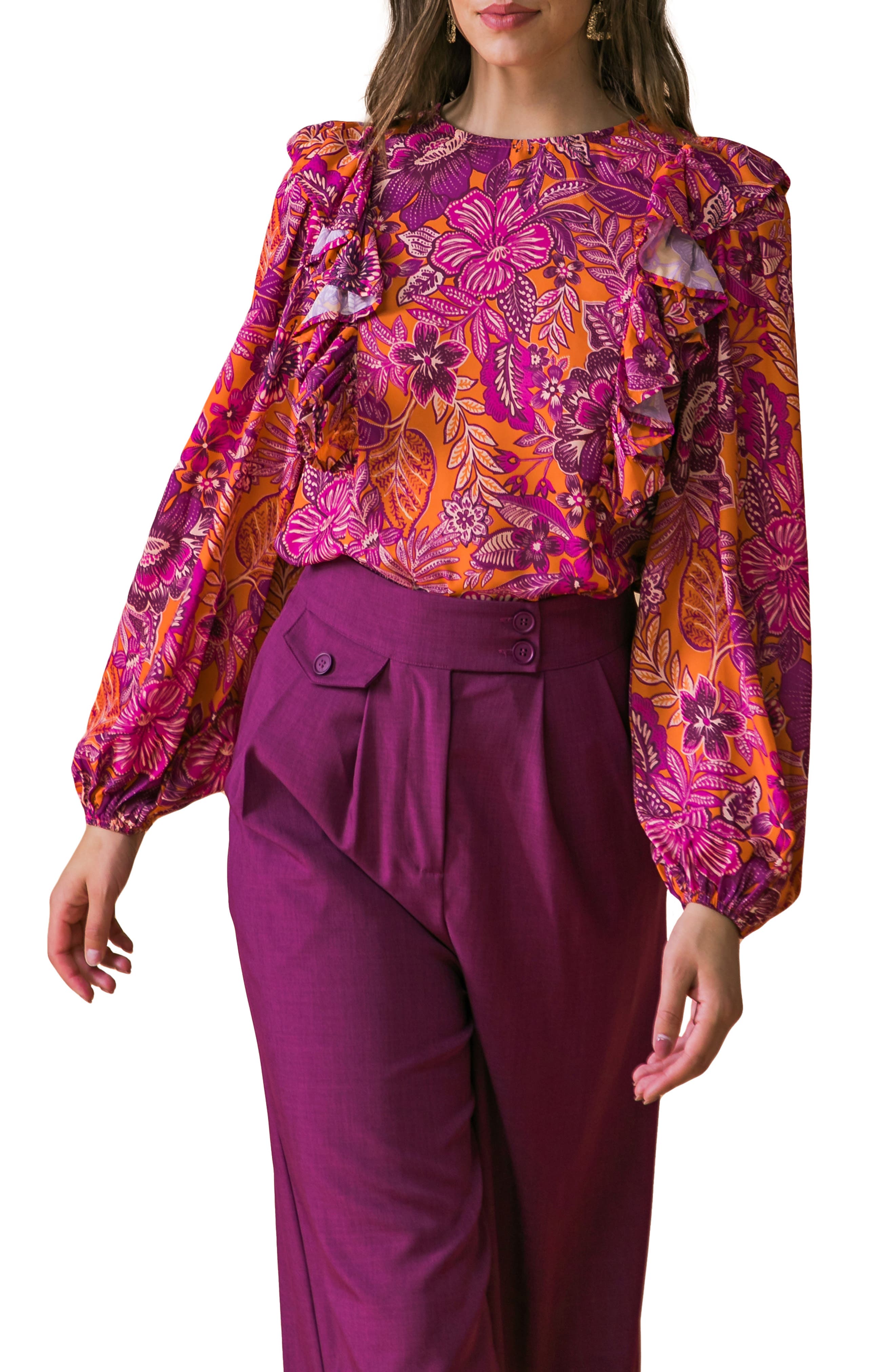 FLYING TOMATO Floral Ruffle Long Sleeve Top