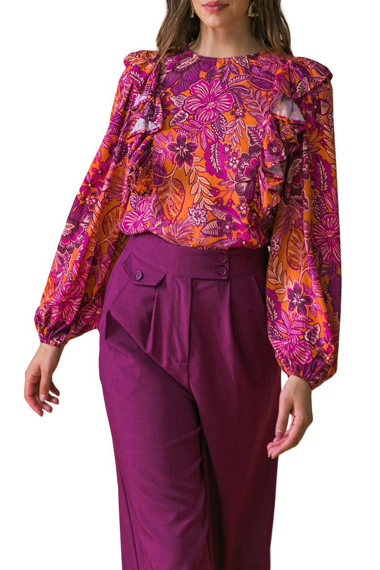 Floral Ruffle Long Sleeve Top, Main, color, RUST MAGENTA