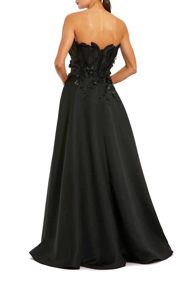 Petite Black Strapless Satin Floral Embellished Ball Gown, Alternate, color, Black