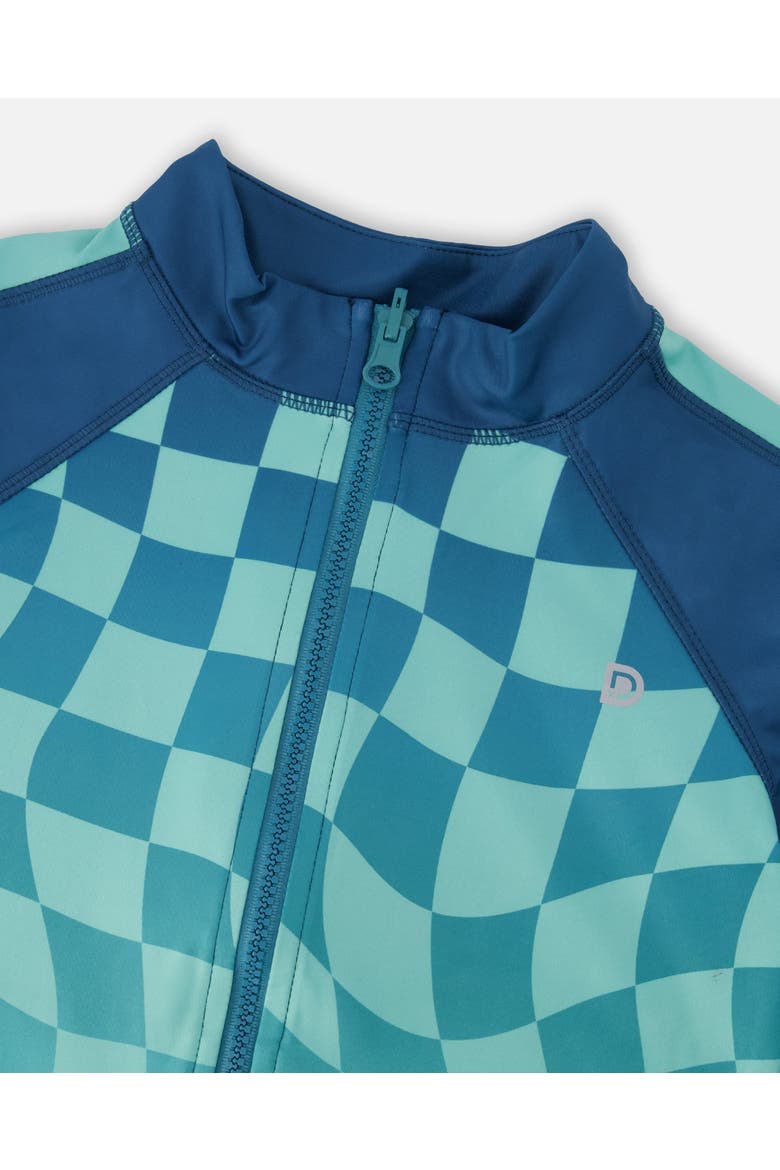 Full Zip Athletic Cardigan Checkerboard in Recycled Polyester, Alternate, color, Teal Printed Checkerboard