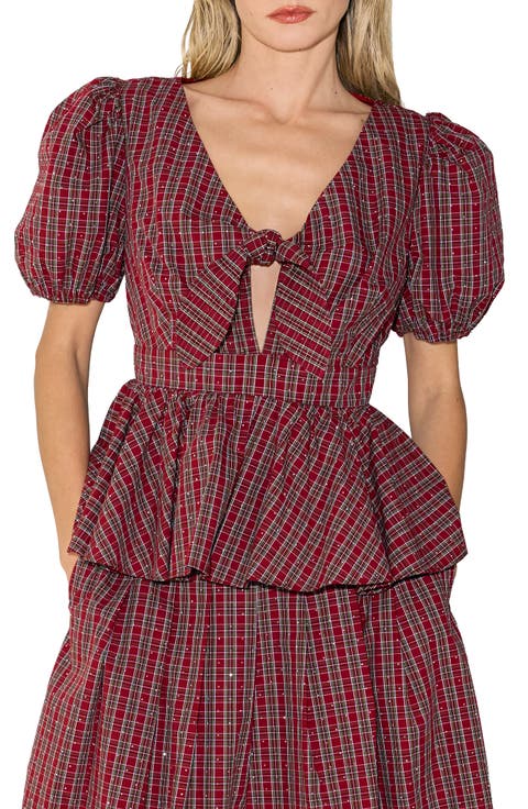 Liyana Plaid Puff Sleeve Peplum Top