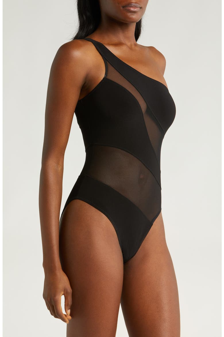 Snake Mesh One-Shoulder Swimsuit, Alternate, color, BLACK