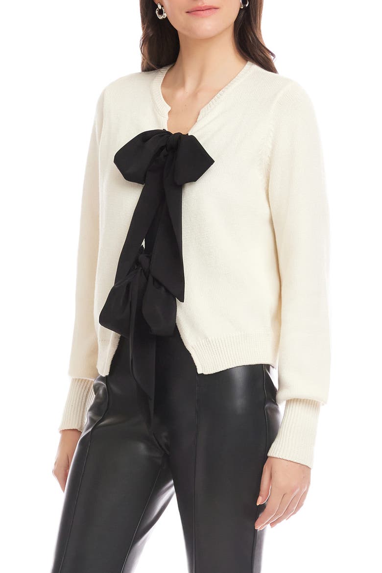 Dena Ribbon Tie Cardigan, Alternate, color, CREAM/ BLACK