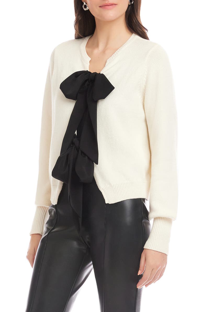 FIFTEEN TWENTY Dena Ribbon Tie Cardigan, Alternate, color, Cream/ Black