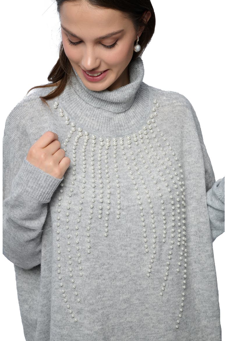 Faux Pearl Turtleneck Tunic Sweater, Alternate, color, GREY