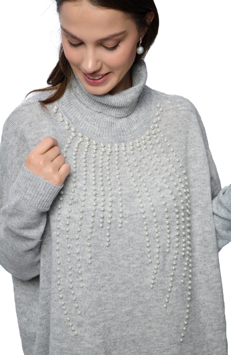 SAACHI Faux Pearl Turtleneck Tunic Sweater, Alternate, color, Grey