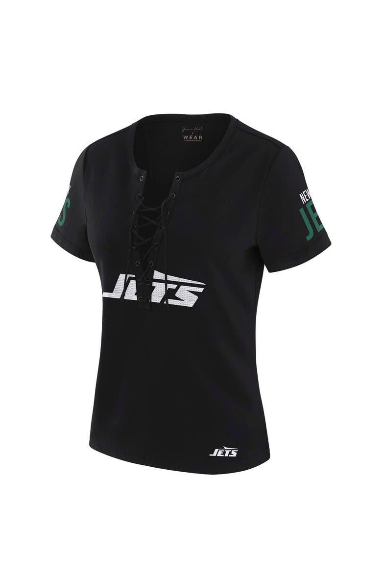 WEAR by Erin Andrews Women's WEAR by Erin Andrews x Gracie Hunt Black New York Jets Draft Me Lace-Up T-Shirt, Alternate, color, Black