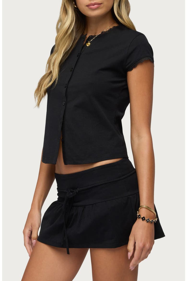 Yelena Lace Trim Button-Up Top, Alternate, color, BLACK