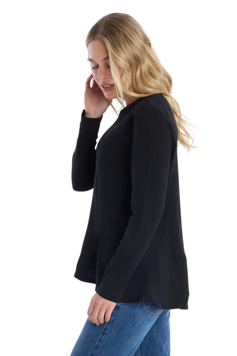 Round Neck Long Sleeve Tee with Asymmetric Hem & Body Seams, Alternate, color, Black