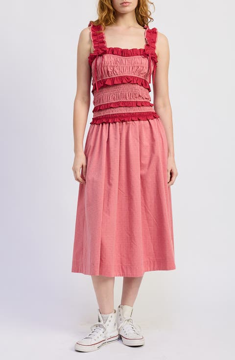 Ada Micro Dot Tiered Ruffle Trim Midi Dress