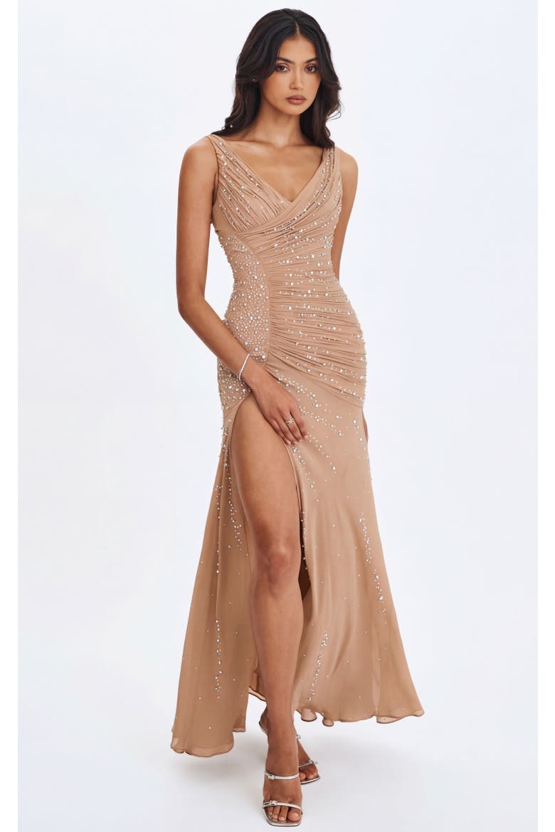 Viveca Crystal-Embellished Asymmetrical Ruched Maxi Dress, Alternate, color, Apricot
