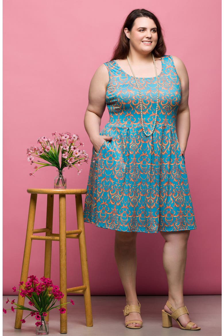 Filigree Print Fit & Flare Dress, Alternate, color, BLUE MULTI