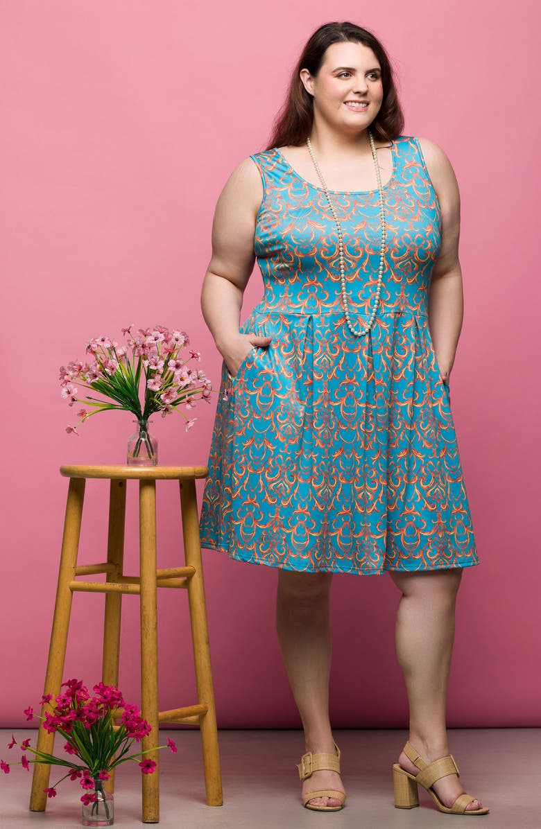 24seven Comfort Apparel Filigree Print Fit & Flare Dress, Alternate, color, Blue Multi