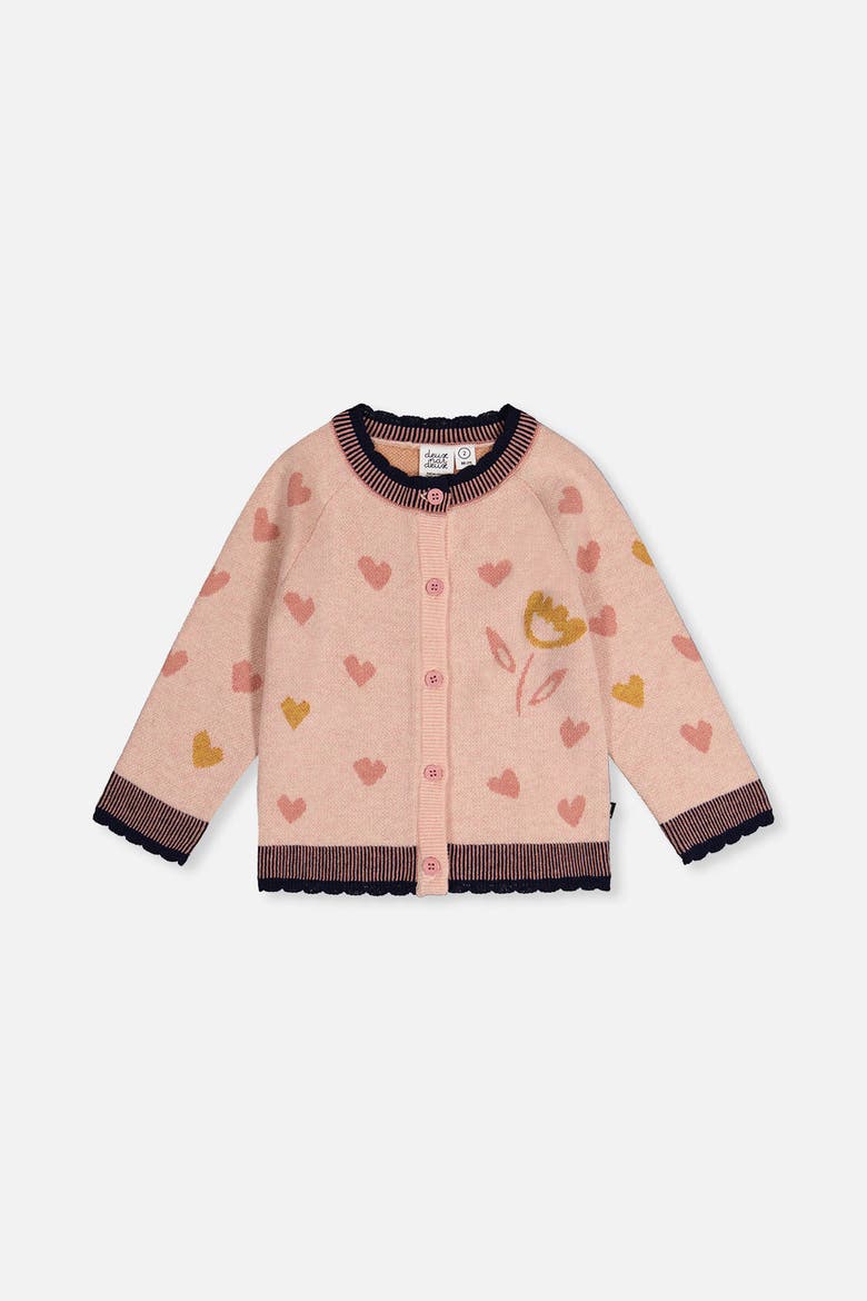 Knitted Jacquard Heart Pattern Scalloped Trim Cardigan, Main, color, Pale Dusty Pink and Navy