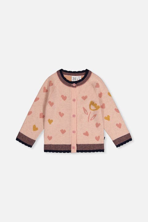 Knitted Jacquard Heart Pattern Scalloped Trim Cardigan