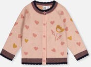 Deux par Deux Knitted Jacquard Heart Pattern Scalloped Trim Cardigan