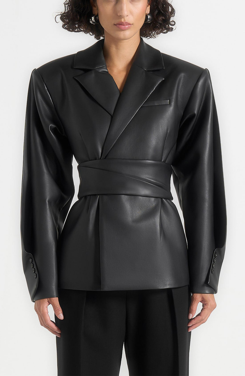 Manière De Voir Marie Twist Sleeve Leather Blazer with Belt, Alternate, color, Black