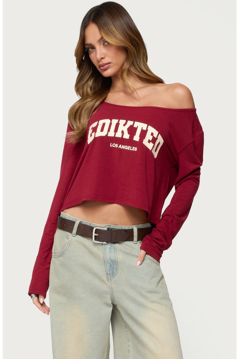 LA Babe Off the Shoulder Crop Graphic T-Shirt, Alternate, color, BURGUNDY