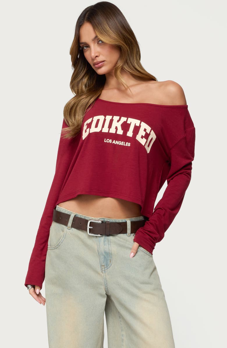EDIKTED LA Babe Off the Shoulder Crop Graphic T-Shirt, Alternate, color, Burgundy