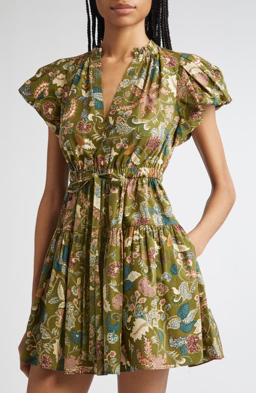 Ulla Johnson Izel Paisley-print Cotton Puff-sleeve Tie-waist Mini Dress In Green