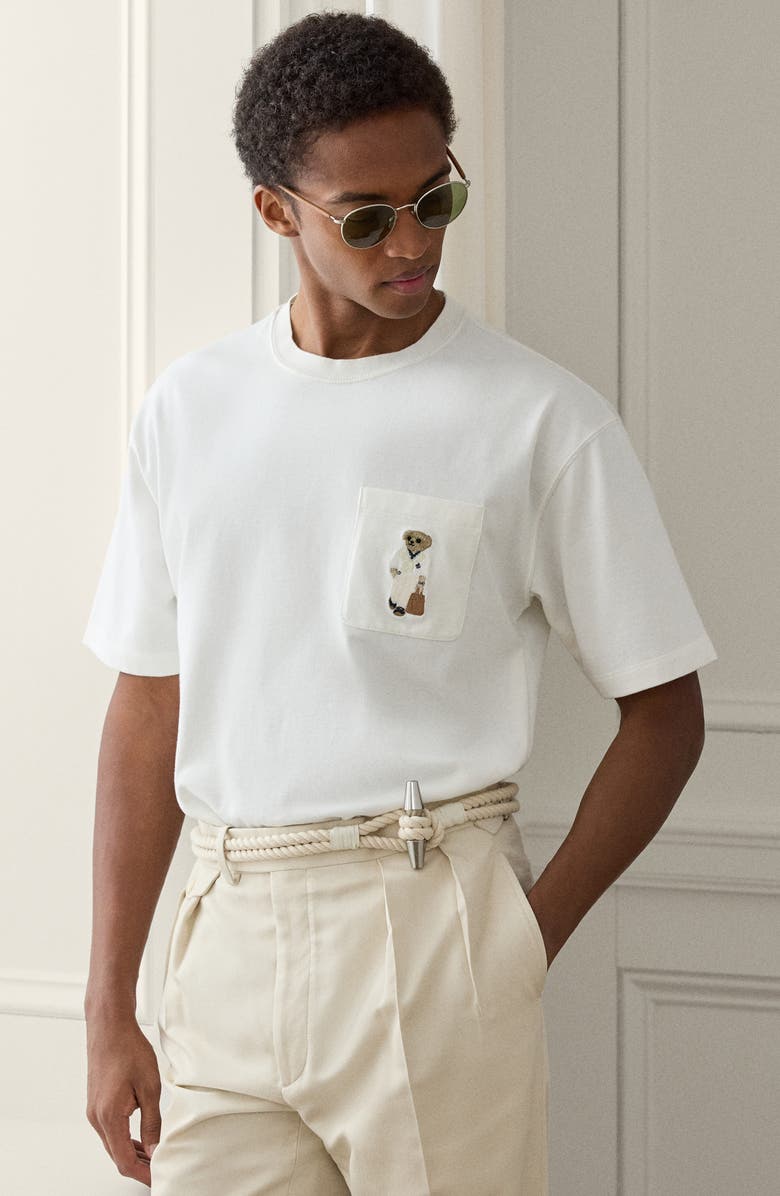 Ralph Lauren Purple Label Relaxed Fit Bear Embroidered Pocket T-Shirt, Alternate, color, Deckwash White