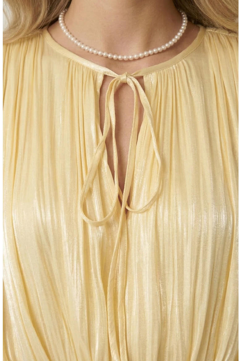 Pleated Long Sleeve Mini Dress with Tie Waist and Keyhole Neck, Alternate, color, Pale Yellow