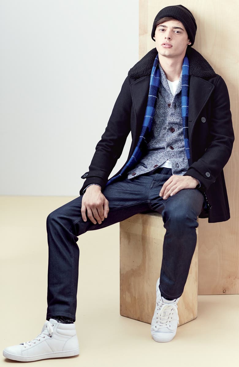 Topman Peacoat with Removable Faux Fur Collar, Alternate, color, 