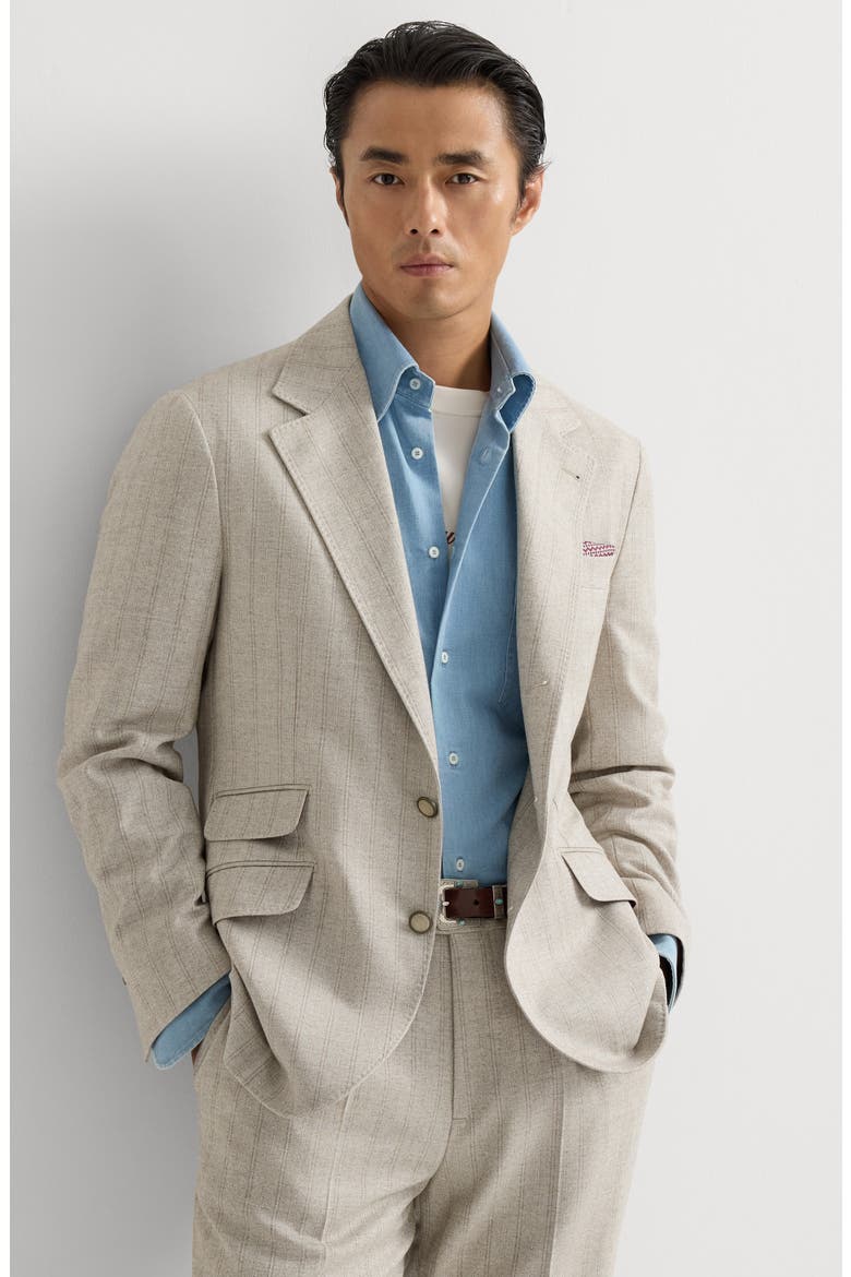 Striped cashmere and silk diagonal flannel deconstructed Cavallo blazer with metal buttons, Alternate, color, Grey